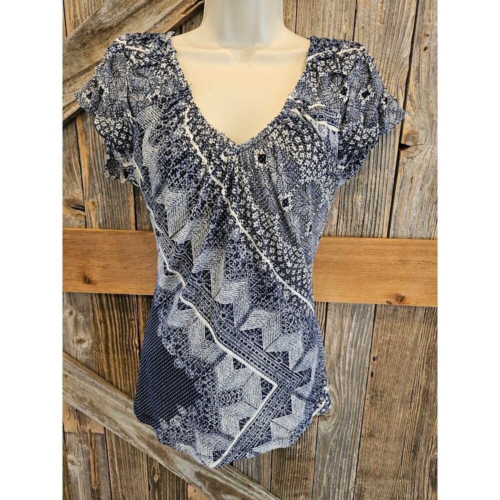 Delleta sz small anthropologie Layered blue geometric soft career casual top EUC
